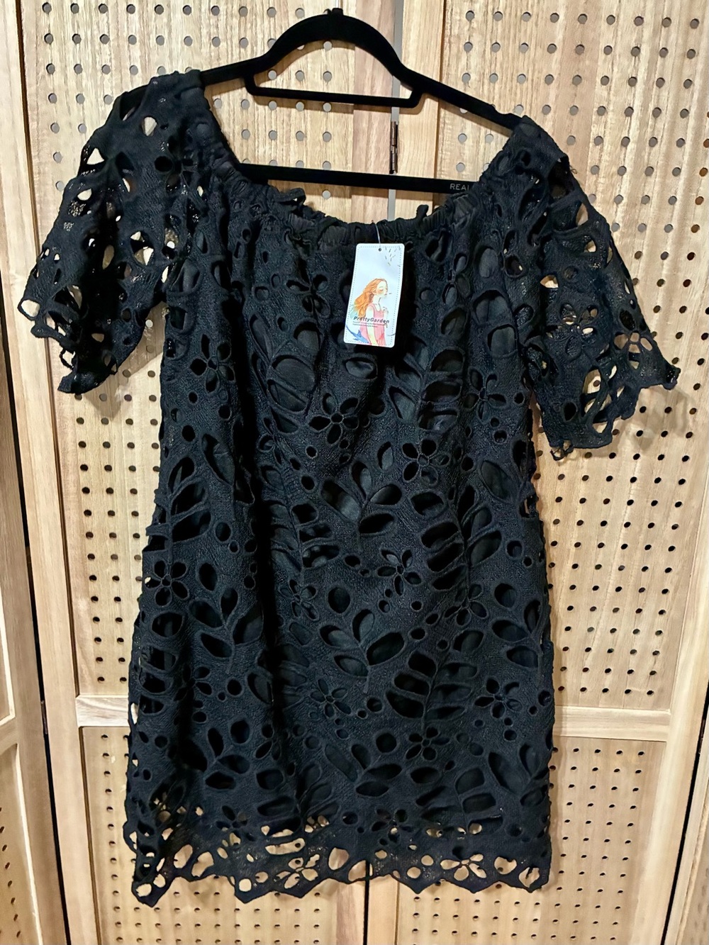 Off-Shoulder Black Lace Cutout Dress by Pretty Garden XL NWT